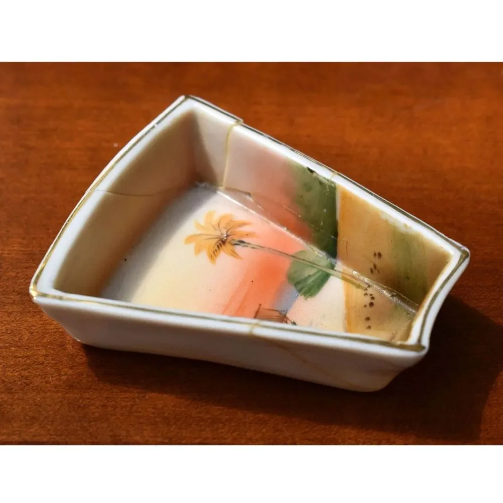 Antique Nippon 13 Piece Hand Painted Porcelain Sweetmeat Set Green Lacquer Box